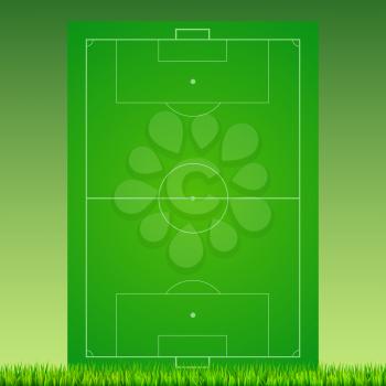Soccer field with grass on green backdrop. Background for posters, banner with european football field with markup. 3D illustration, ready for print