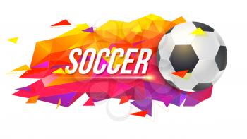Logo for soccer teams or tournaments, championships of football. Trendy, low-poly backdrop with ball and triangles for posters, banners, covers and invitations