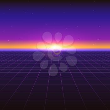 Sci fi futuristic abstract background with neon grids and stars. Violet retro gradient, vintage style of the 80s. Virtual surface, digital cyber world. Vector illustration for your design of layout