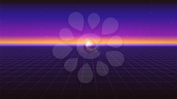 Sci fi futuristic horizontal abstract background. Violet retro gradient, vintage style of the 80s. Virtual surface with neon grids, digital cyber world. Vector illustration for your design of layout