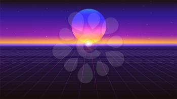 Sci fi futuristic abstract background. Violet retro gradient, vintage style of the 80s. Virtual surface with neon grids, digital cyber world. Vector illustration for your design of layout, poster