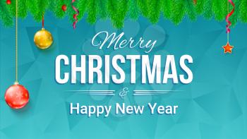 Merry Christmas and New Year banner with fir branches and Christmas toys on backdrop with triangles. Festive atmosphere for greetings card, print design. Horizontal 3D illustration