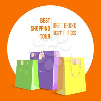 Best shopping tour, advertising banner with paper bags and label from new purchased items on bright orange backdrop. Template, mock-up with yellow, green and violet paper bags for shopping.