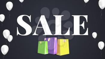 Black sale background. White text Sale with inflatable white helium balloons and colored paper shopping bag with labels new purchased items. Banner in HD format for your business ad about discount.