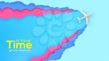 Flying airplane on cut out colored background. Multi layered composition carved from paper. Time to travel, bright advertising banner. Vector 3D illustration, eps10.