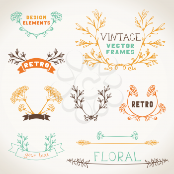 Vintage hand-drawn frames, text dividers and labels of branches and leaves.