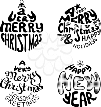 Set of four Christmas hand-written typography. Black and white illustration.