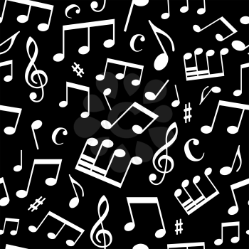 White music elements on black background. Seamless square pattern can be used for wallpapers, web page backgrounds or wrapping papers.