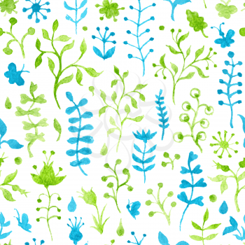 Hand-drawn green and blue watercolor nature silhouettes on white background. Seamless pattern can be used for wallpapers, web page backgrounds or wrapping papers.