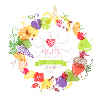 There is place for your text in the center. Vintage fruits for your design. Vector background.