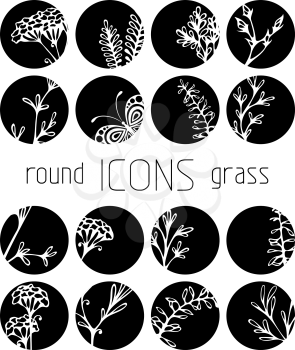 Flowers, grass and butterflies silhouettes. Black and white design.