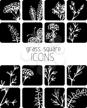 Flowers, grass and butterflies silhouettes. Black and white design.