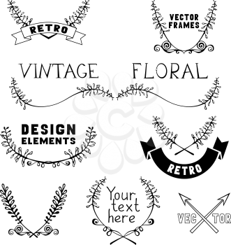 Vintage floral frames, text dividers, ribbons and labels of branches and leaves. Can be used for invitations, congratulations and greeting cards.