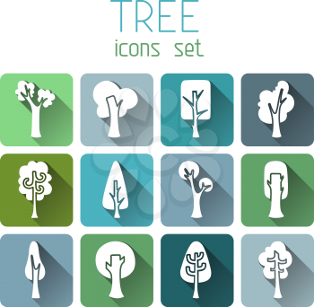 White tree silhouettes on coloured square backgrounds for your design isolated on white background.