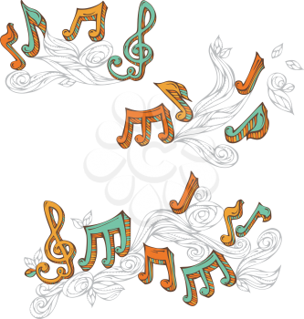 Page dividers, vintage design elements and page decoration with music notes and treble clefs isolated on white background.