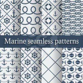 Blue marine seamless patterns set - vector illustration
