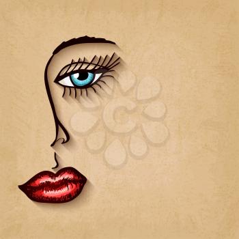 woman face blue eyes red lips on old background - vector illustration. eps 10