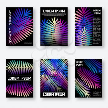 set of six posters with exotic tropical leaves on black background. vector illustration - eps 10