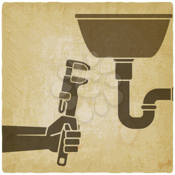 plumber with wrench repairing leaking pipe vintage background. vector illustration - eps 10