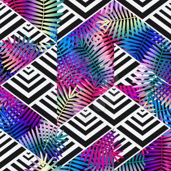 bright colors exotic leaves on geometric background. patchwork seamless pattern. vector illustration - eps 8