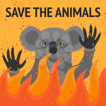 Save animals from fire poster. Vector illustration