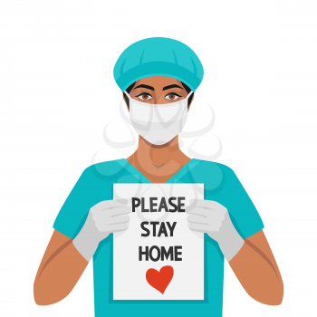 Doctor woman with sign Please stay home. Vector Illustration