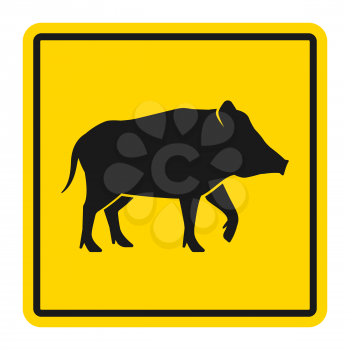Wild animals yellow road sign. Silhouette of wild boar. Vector illustration