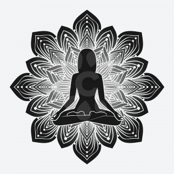 silhouette of meditating girl in yoga pose on flower background. vector illustration - eps 10