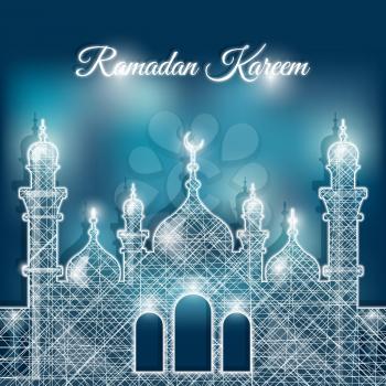 Ramadan kareem greeting card. silhouette of mosque at night. vector illustration - eps 10