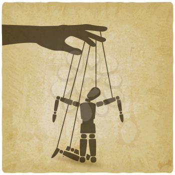 Puppet marionette on ropes is broken man on vintage background. Vector illustration
