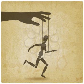 Puppet marionette on ropes is running man on vintage background. Vector illustration