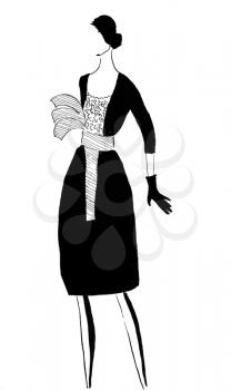 fashion of 20th Century - black strict female dress with wide belt in 50th years