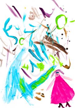 children drawing - girl in pink dress and chaos