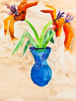 children drawing - two lily flowers in blue vase with brown background