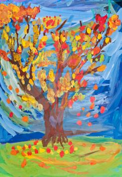 children drawing - tree witn fall leaves in autumn day