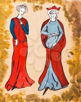 historical costume - French women dressed in the fashion of the 14th century