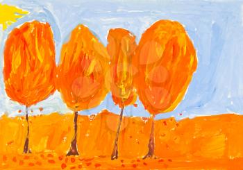 childs painting - orange trees in autumn season
