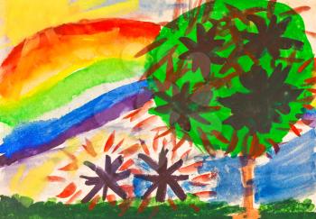 childs painting - rainbow under fruit garden and river