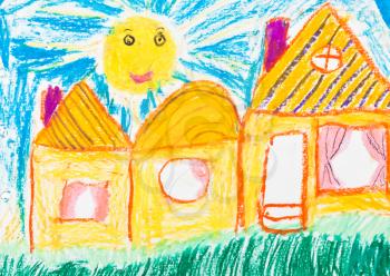 childs drawing - country houses under sun beams