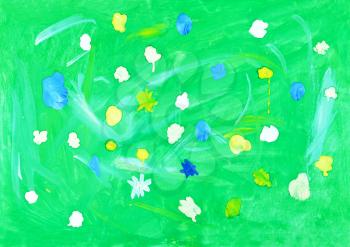 childs painting - flowers on green meadow