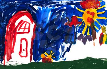 childs painting - house under summer sun and dark blue sky