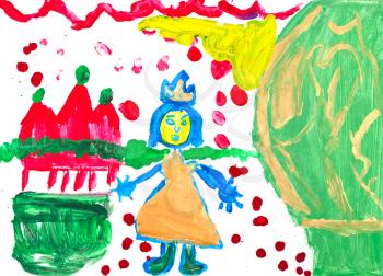 childs drawing - little princess with crown near green field
