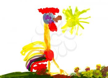 childs painting - cock with red comb and yellow sun