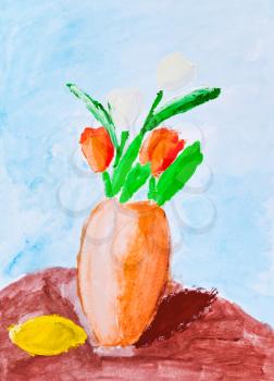 childs painting - flower vase with red tulips
