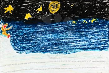 childs painting - black night sky with yellow stars under snow field