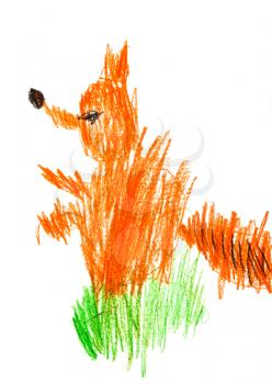 childs drawing - red fox in green grass