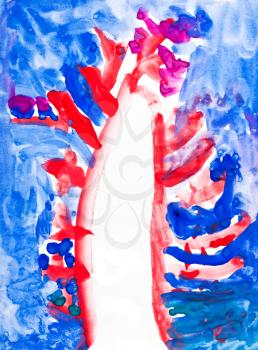 childs painting - red tree at blue night