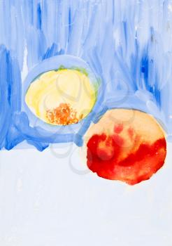 childs painting - two ripe peaches with blue background