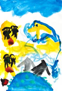 childs painting - two yellow sun under blue planet