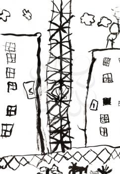 childs drawing - multystored houses and crane